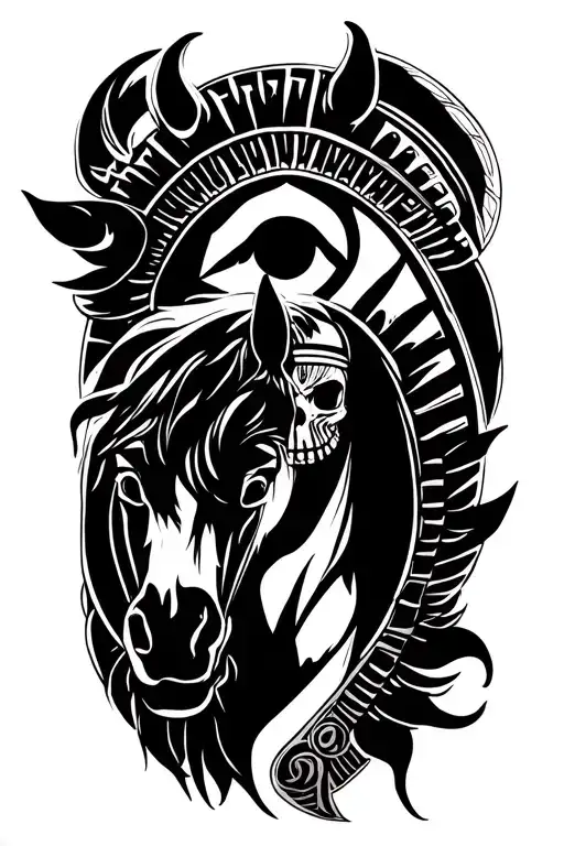 eye of Horus and Amor Fati Skelton on horse tattoo design idea