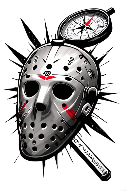 compass with hockey goalie mask tattoo design idea