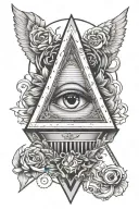 illuminati triangle with eye and some music and guitar related and I want to please two dates on that tattoo  tattoo design idea