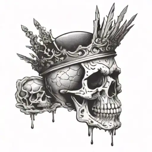 A skull with a crown of cocaine leaves, surrounded by thunder clouds and lightning bolts tattoo design idea