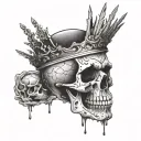 A skull with a crown of cocaine leaves, surrounded by thunder clouds and lightning bolts tattoo design idea
