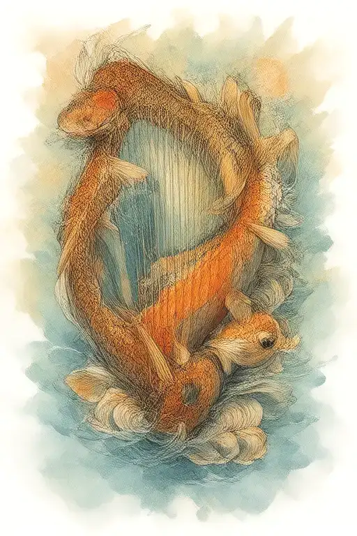frangaoani, Irish harp, 2x koi fish and 2x dog paws tattoo design idea