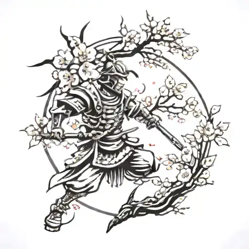 cherry blossoms falling on samurai tattoo design idea