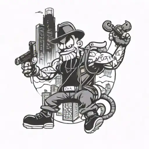 A gangster-inspired tattoo featuring a cartoon character with a mythical creature, set in a futuristic cityscape tattoo design idea