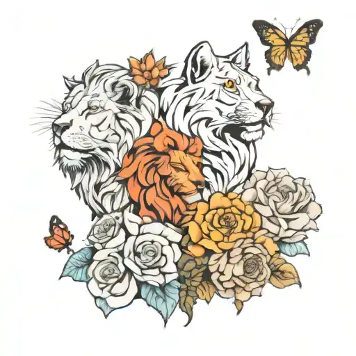 flowers lion butterflies and wolf howling tattoo design idea