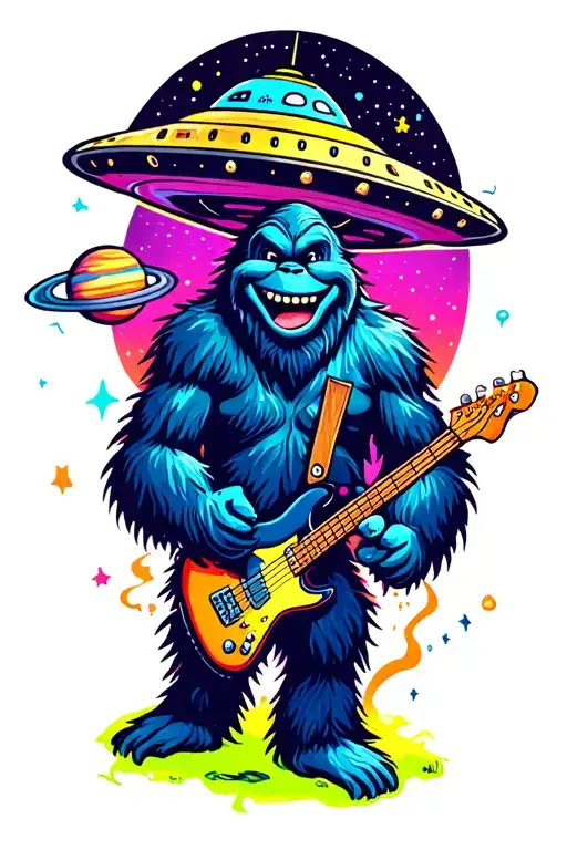 Bigfoot, UFO, alien smiling, cartoon, colorful, planets, bass guitar tattoo design idea