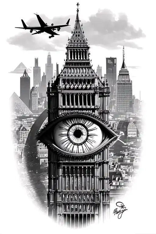 757 airplane big ben london eye pyramids of giza new york city tattoo design idea