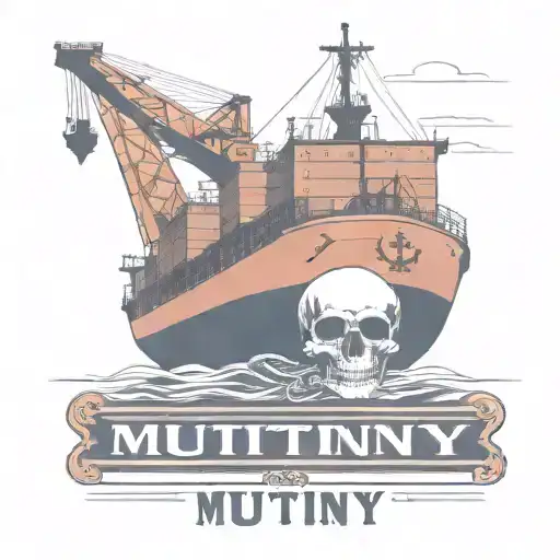 Container Ship with a crane behind and a skull and anchor with text below that says "mutiny"  tattoo design idea