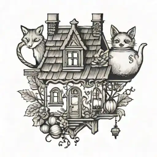 House, teapot, acorn, fox, lantern, door, heart tattoo design idea