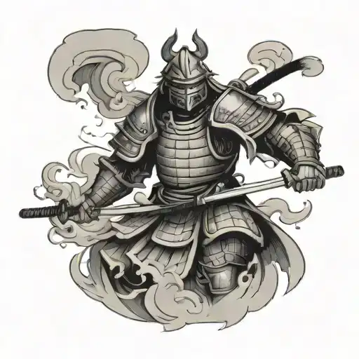 Samurai in armor and smoke coming out of it tattoo design idea