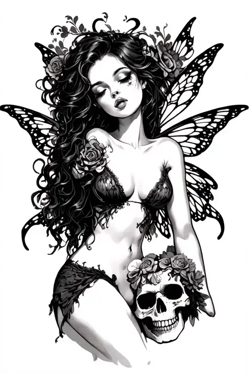 sexy naughty fairy with a skull looking up at the fairy tattoo design idea