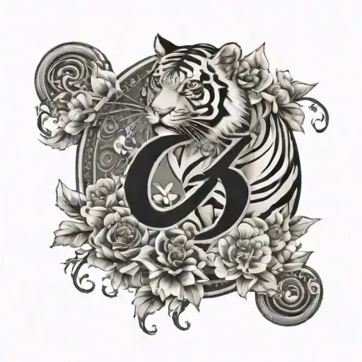 number 6 with chinese art style with flowers and tiger tattoo design idea