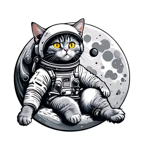 Tattoo Gray Cat Briton in an astronaut with yellow eyes sitting on a round moon on top tattoo design idea