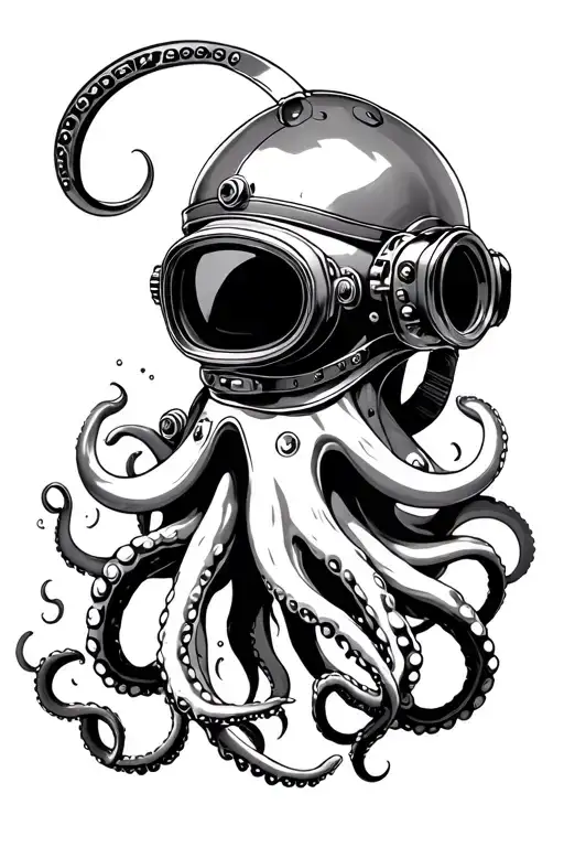 mark 5 dive helmet with octopus tentacles coming out from the bottom tattoo design idea