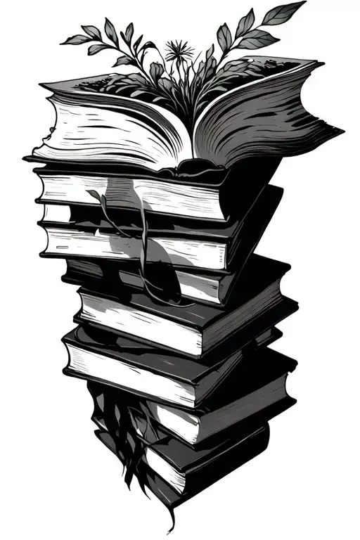 haphazard stack of books with plants coming out. Top book of the stack should be open. tattoo design idea
