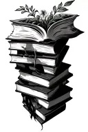 haphazard stack of books with plants coming out. Top book of the stack should be open. tattoo design idea