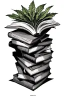 haphazard stack of books with plants coming out. Top book of the stack should be open. tattoo design idea