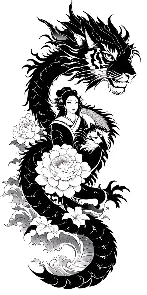 Black and white Japanese dragon tattoo with a geisha, protected by a tiger. The bottom consists of peonies waves tattoo design idea