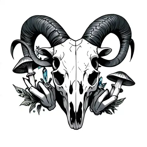feminine figure wearing a ram skull, witchy hands with rings, mushrooms, crystals  tattoo design idea