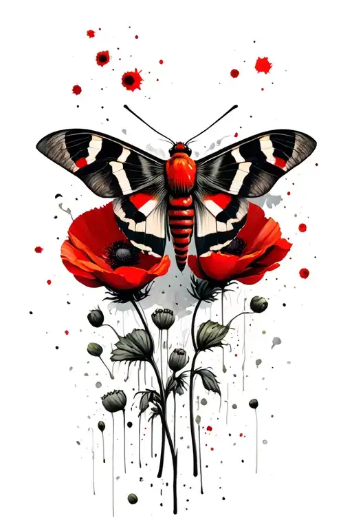 In the middle of the picture is a moth with its wings spread and sitting on Wild poppies. tattoo design idea