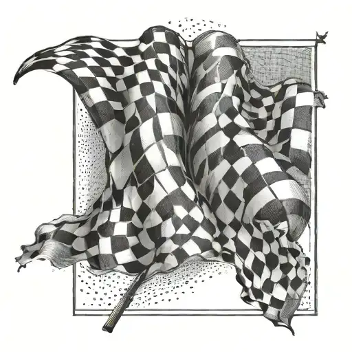Design a dynamic composition of racing flags waving in the wind with a checkered flag at the center tattoo design idea
