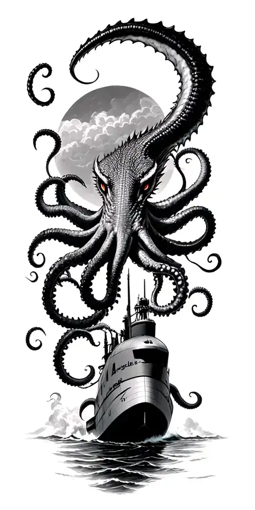 a fierce looking Kraken using its tentacles to pull down a Los Angeles class submarine from a rough sea tattoo design idea