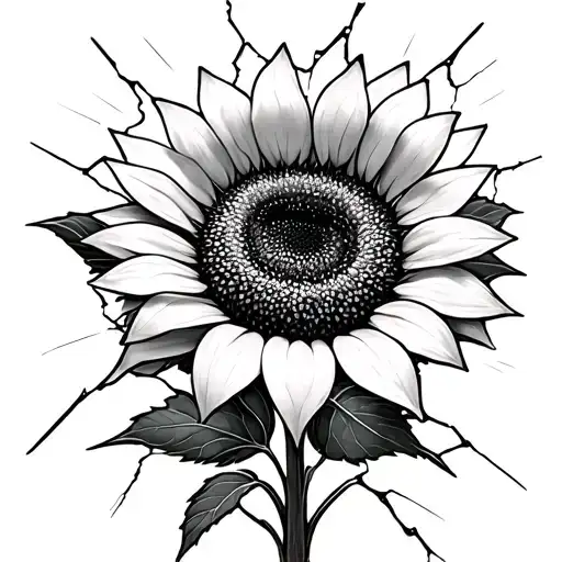 A single sunflower growing through a thick, frosted (opaque) glass that has cracked and shattered due to its growth. Th tattoo design idea
