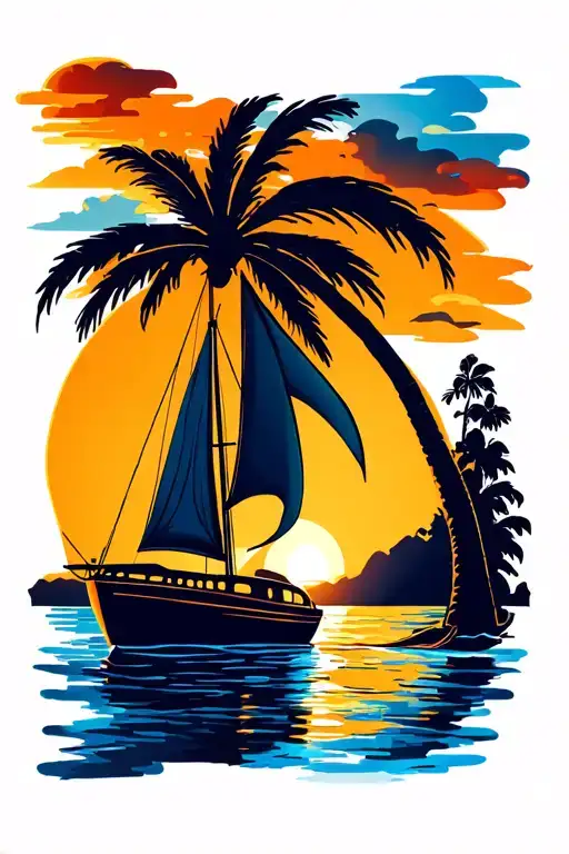 sunset beach, sail boat, palm tree tattoo design idea