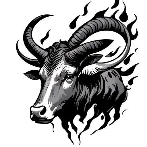 fire ox or aries ox with flames surrounding tattoo design idea