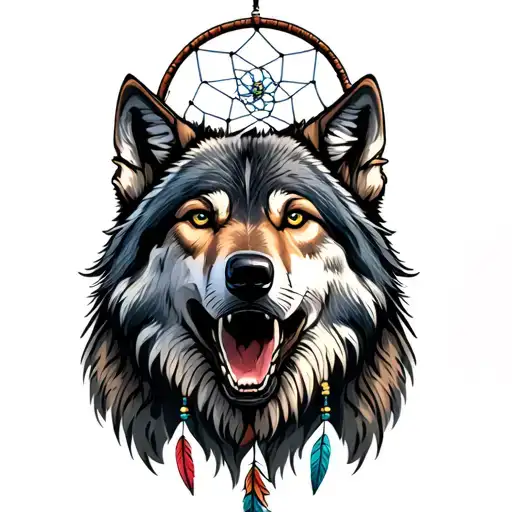 Howling wolf head and dreamcatcher tattoo design idea