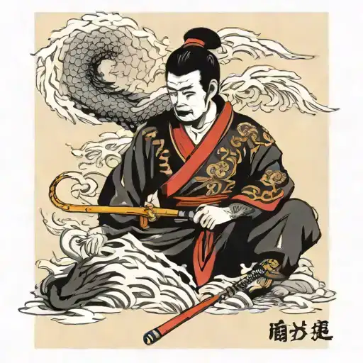 a samurai kneeling with his sword front of him in the background there is a Japanese house burning with a phoenix fly tattoo design idea