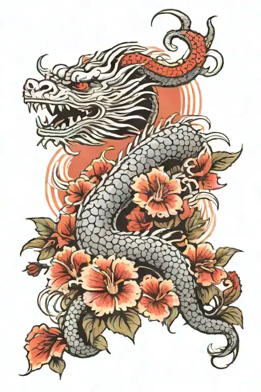 japanese rising sun with hibiscus flower and traditional japanese dragon tattoo design idea