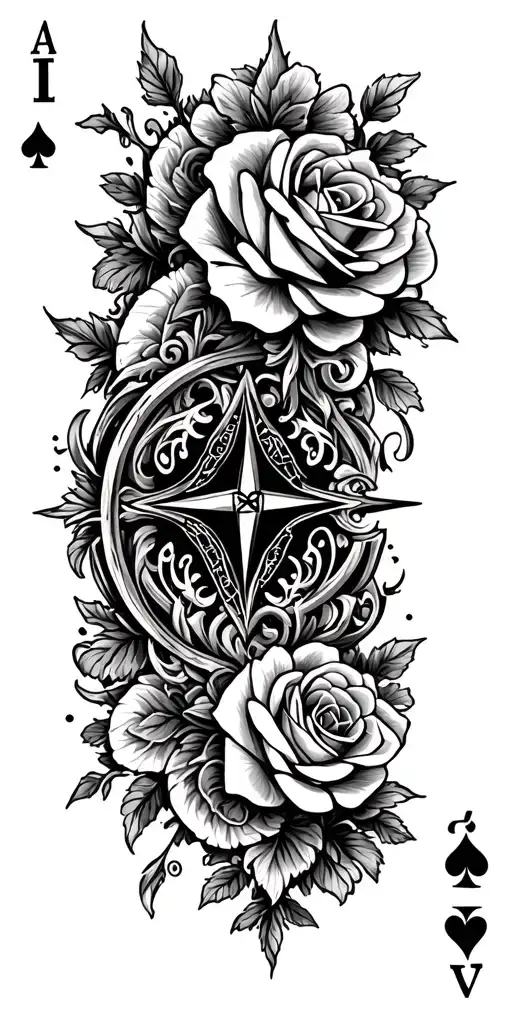 filigree design with playing cards, compass and roses tattoo design idea