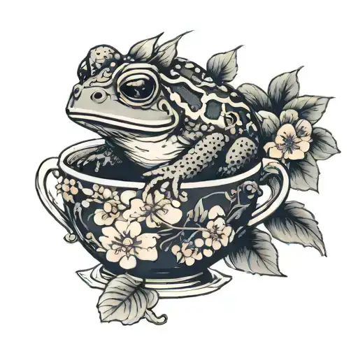 toad bathing in in a teacup with sakura tattoo design idea