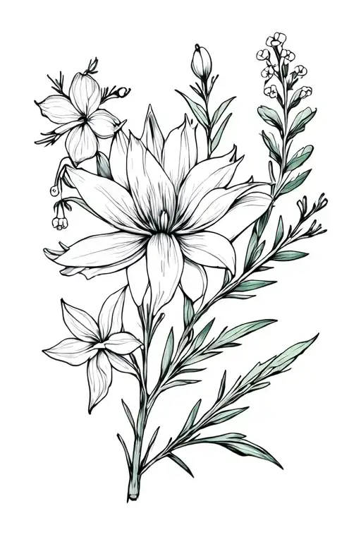 cedar branch, forget-me-not flowers, protea flower, moon flower, rosemary sprig, lily of the valley flowers  tattoo design idea