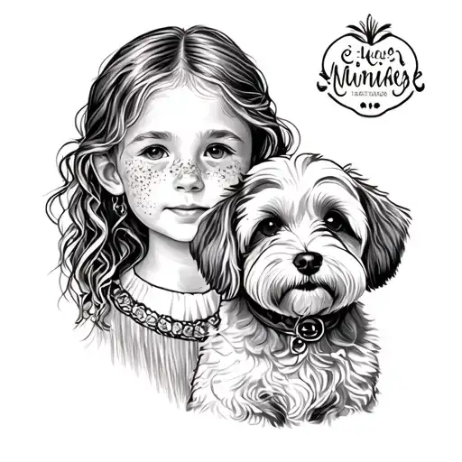portrait of young freckled girl and her cockapoo (in black and white) tattoo design idea