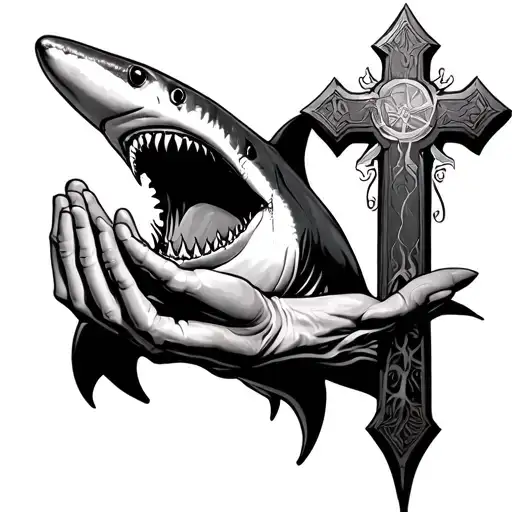 cross, prayer hands and shark tattoo design idea