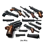 A bunch of guns on the chest pointed towards the neck. It would look similar to the cover of the movie John Wick 2. tattoo design idea