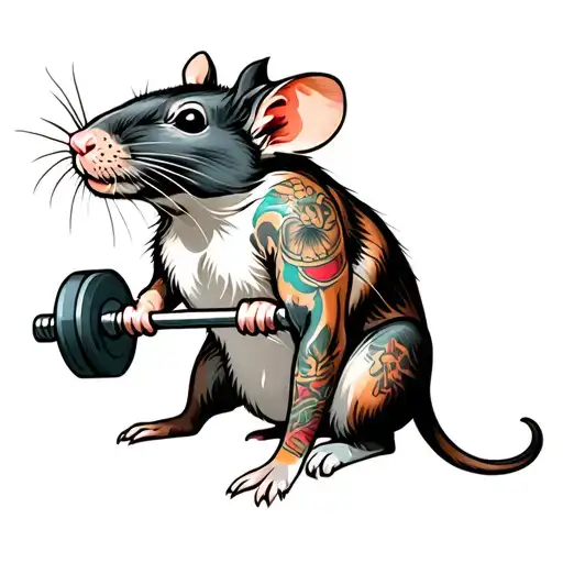 cute rat with tattoos weight lifting weights tattoo design idea