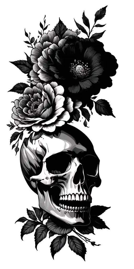 blackout skull and flower sleeve tattoo design idea