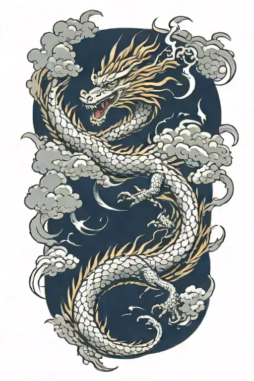 thundering spirit dragon with japanese clouds and lightning  tattoo design idea