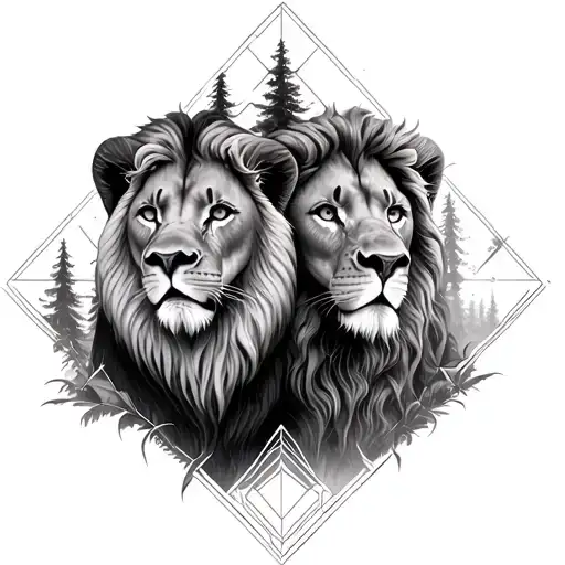 two realistic lion heads together, with geometric patterns and realistic surrounding trees tattoo design idea