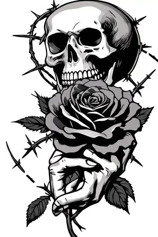 Skull hand holding a rose with barbed wire accents  tattoo design idea