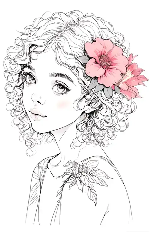 a girl with curly hair and a flower in her hair tattoo design idea