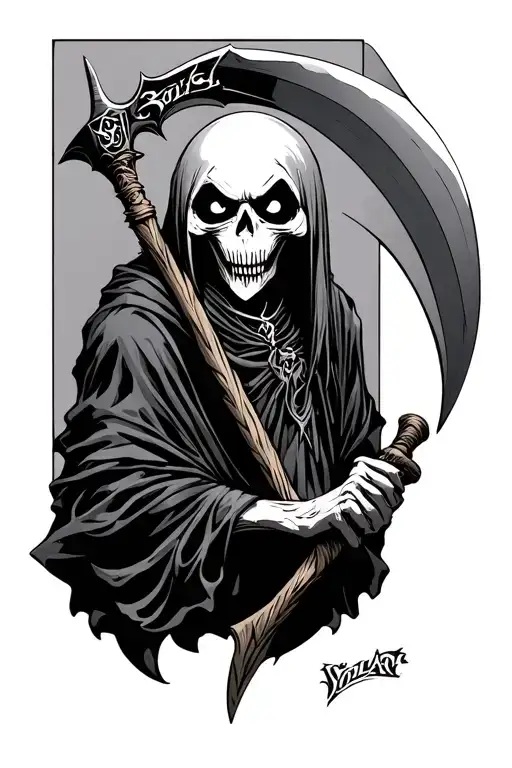 Soul Eater reaper holding a scythe raised eyebrow tattoo design idea