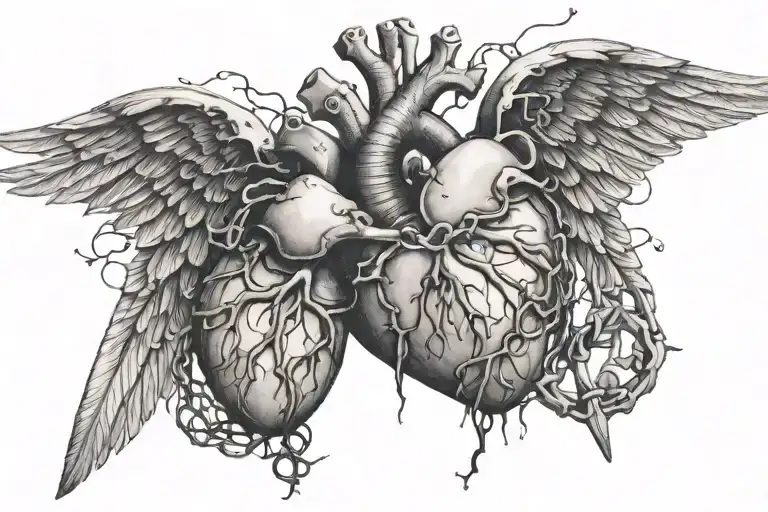 an anatomical heart with wings breaking free, flying away from broken chains tattoo design idea