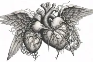 an anatomical heart with wings breaking free, flying away from broken chains tattoo design idea