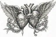 an anatomical heart with wings breaking free, flying away from broken chains tattoo design idea