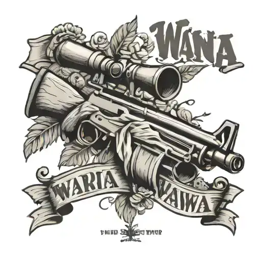rifle intertwined and 'Wawa' written on barrel tattoo design idea