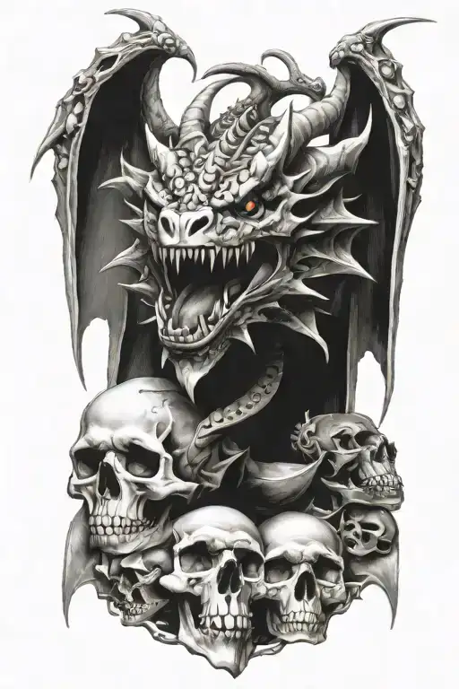 midevil dragon surround by skulls tattoo design idea